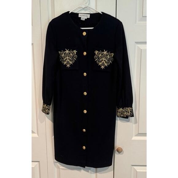 Vintage Outlander Black Gold Embroidered Knit Dress Button Front Career - Picture 3 of 8